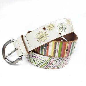Fossil White Leather Flower Stripe Belt sz Large